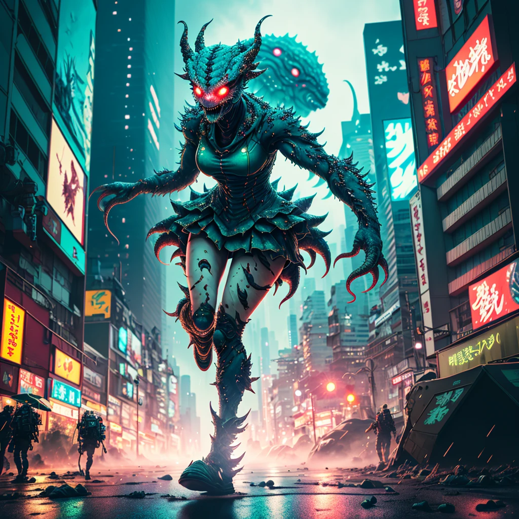 (full body shown, sci fi horror, show her from head to toe) a 50 ft woman,detailed facial features,extremely detailed face,beautiful detailed eyes,beautiful detailed lips,longeyelashes,tattered worn sexy sailor scout (miniskirt) uniform,desperate battle,glowing eldritch giant slimy tentacle aliens,tokyo cityscape,night scene,neon lights,rain,dynamic action pose,intricate details,cinematic lighting,hyper realistic,8k, highly detailed, photorealistic (show her from head to toe, desperate battle, kaiju horror)
