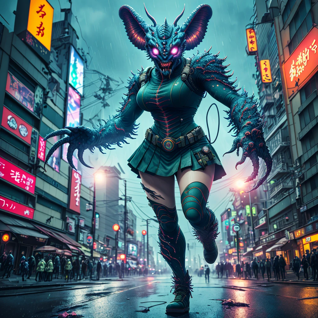 (full body shown, sci fi horror, show her from head to toe) a 50 ft woman,detailed facial features,extremely detailed face,beautiful detailed eyes,beautiful detailed lips,longeyelashes,tattered worn sexy sailor scout (miniskirt) uniform,desperate battle,glowing eldritch giant slimy tentacle aliens,tokyo cityscape,night scene,neon lights,rain,dynamic action pose,intricate details,cinematic lighting,hyper realistic,8k, highly detailed, photorealistic (show her from head to toe, desperate battle, kaiju horror)
