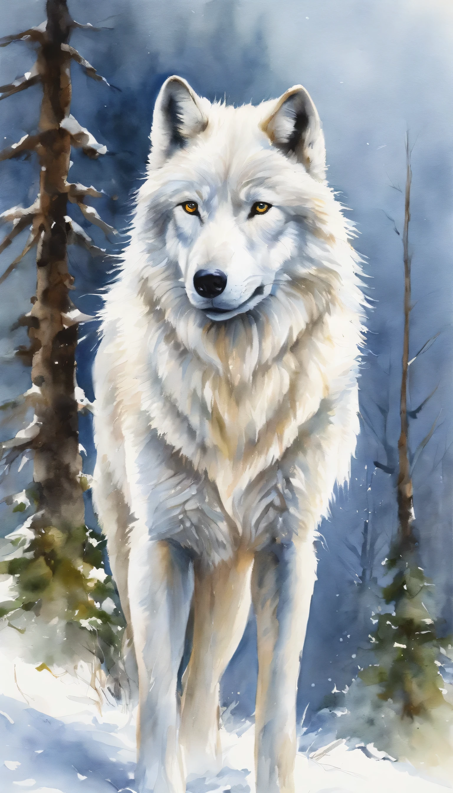 "Majestic white wolf standing in snow-covered landscape, Unleash an aura of beauty and power."