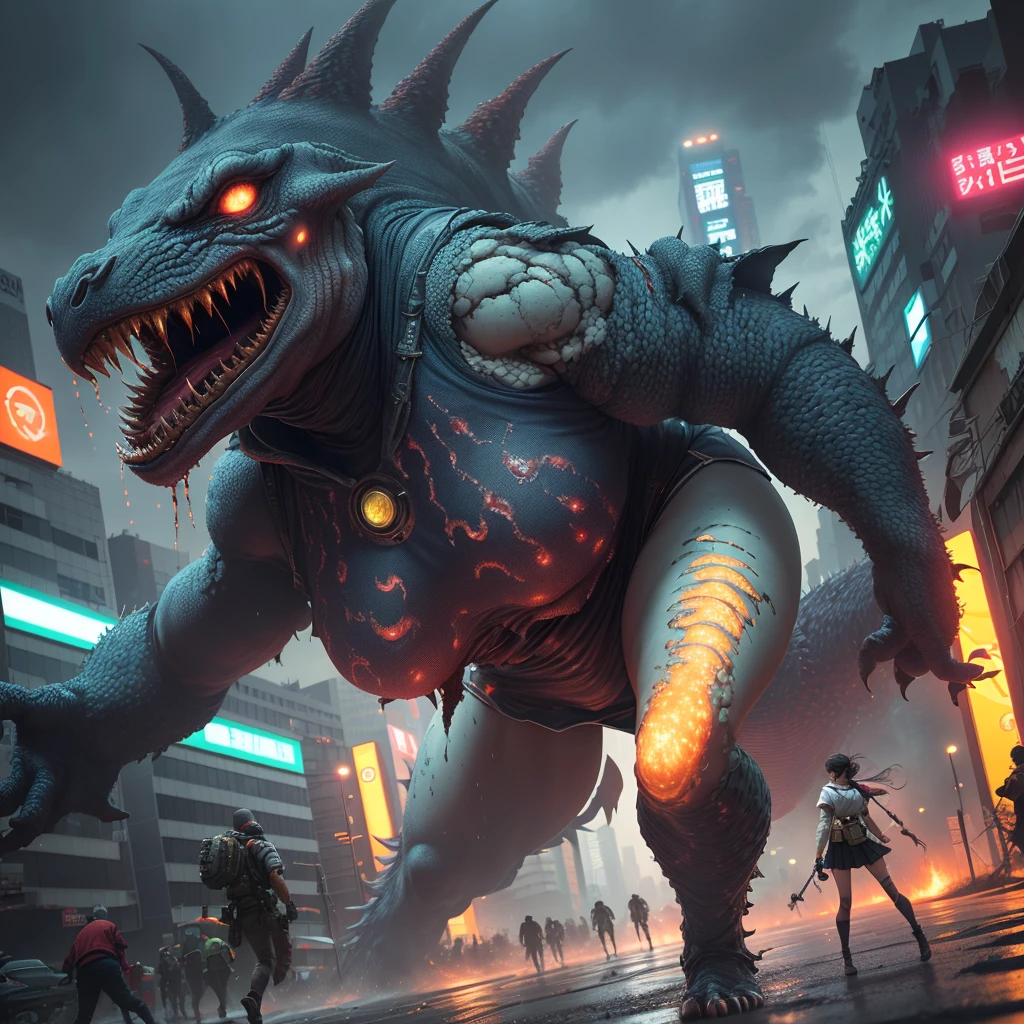 (full body shown, sci fi horror, show her from head to toe) a 50 ft woman,detailed facial features,extremely detailed face,beautiful detailed eyes,beautiful detailed lips,longeyelashes,tattered worn sexy sailor scout (miniskirt) uniform,desperate battle,glowing eldritch giant slimy tentacle aliens,tokyo cityscape,night scene,neon lights,rain,dynamic action pose,intricate details,cinematic lighting,hyper realistic,8k, highly detailed, photorealistic (show her from head to toe, desperate battle, kaiju horror)