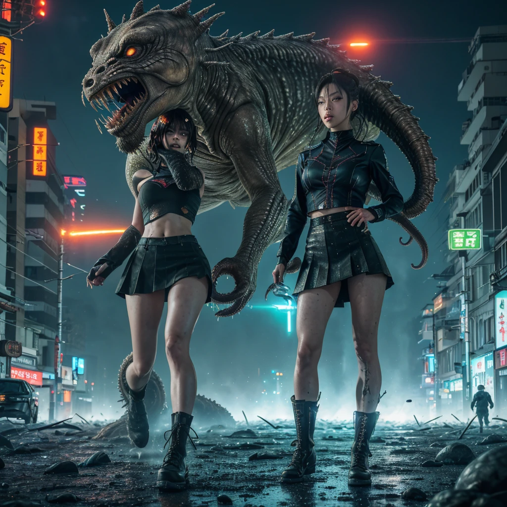 (full body shown, sci fi horror, show her from head to toe) a 50 ft woman,detailed facial features,extremely detailed face,beautiful detailed eyes,beautiful detailed lips,longeyelashes,tattered worn sexy sailor scout (miniskirt) uniform,desperate battle,glowing eldritch giant slimy tentacle aliens,tokyo cityscape,night scene,neon lights,rain,dynamic action pose,intricate details,cinematic lighting,hyper realistic,8k, highly detailed, photorealistic (show her from head to toe, desperate battle, kaiju horror)