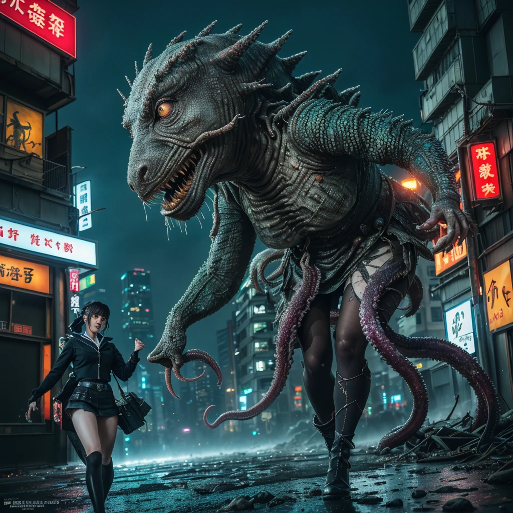 (full body shown, sci fi horror, show her from head to toe) a 50 ft woman,detailed facial features,extremely detailed face,beautiful detailed eyes,beautiful detailed lips,longeyelashes,tattered worn sexy sailor scout (miniskirt) uniform,desperate battle,glowing eldritch giant slimy tentacle aliens,tokyo cityscape,night scene,neon lights,rain,dynamic action pose,intricate details,cinematic lighting,hyper realistic,8k, highly detailed, photorealistic (show her from head to toe, desperate battle, kaiju horror)
