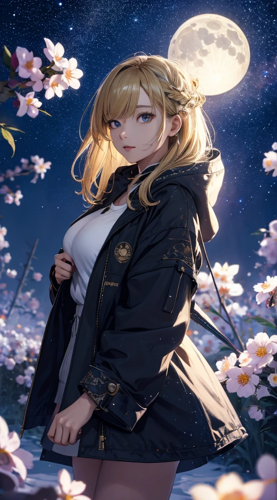 masterpiece, high quality, 4K, Beautiful design, silhouette，blonde， 非常に詳細な夜のStarry Sky,Flower Field， wonderful, Finer details,  Very knowledgeable woman, Highly detailed solo, 1 female,Beautiful Eyes，I like rumors，Big Breasts，Hooded parka，mini skirt，Night view，Starry Sky，full moon，