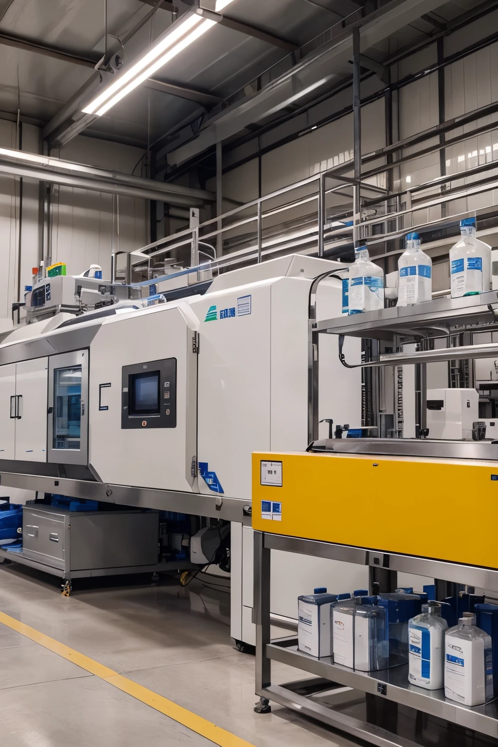 Draw a scene in a clean, modern Danfer Pack factory, focused on the production of personalized pharmaceutical packaging. Show a vacuum forming machine in operation, molding precise plastic packaging for pharmaceutical products, como blisters para comprimidos, bottles and containers for liquid medicines. Ao redor, include examples of finished packaging containing pharmaceutical products. O ambiente deve ser bem iluminado, com luz branca uniforme, pisos claros e paredes limpas. Add details like digital control screens on the machine, esteiras transportadoras com embalagens prontas, e prateleiras organizadas com materiais e produtos acabados. Include adequate safety signage and highlight strict hygiene and quality control standards, such as employees wearing sterile uniforms and protective equipment.