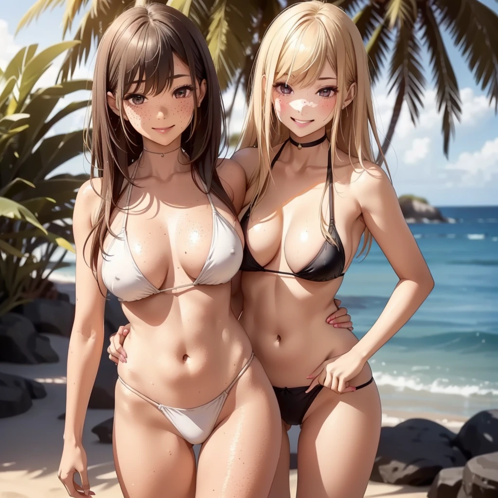 ,Masterpiece, Top-tier quality, 16K UHD,
Standing,
Sun-kissed beach, Group of 4, Photorealistic, Ahegao Double Peace, Slender beauty, Sex symbol, Sexy pose, Cupped hands resting on hips, Cute smile, Tan lines, Golden hair cascading down, Slender yet busty figure, Tits on display, Natural glow.
,Highly detailed facial and skin texture, Detailed eyes, Double eyelids, Bronze skin tone, Glossy lips, Flawless complexion, Freckles, Cute freckled nose, Red cheeks, White bikini, Sheer