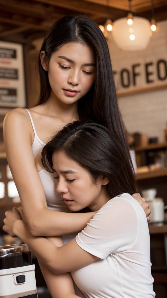 Romantic. an indonesian woman, furrowed eyebrows, closing eyes, open mouth, deep kissing, wearing thin white t-shirt. braless, big breast, cleavage, (a man hugged him from behind). in the coffee shop