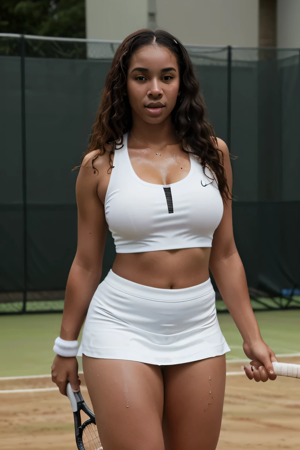 Black woman with light skin and very long curly hair, sexy, tall, tennis player, very sweaty, athletic, curvy body, ultrarealistic,