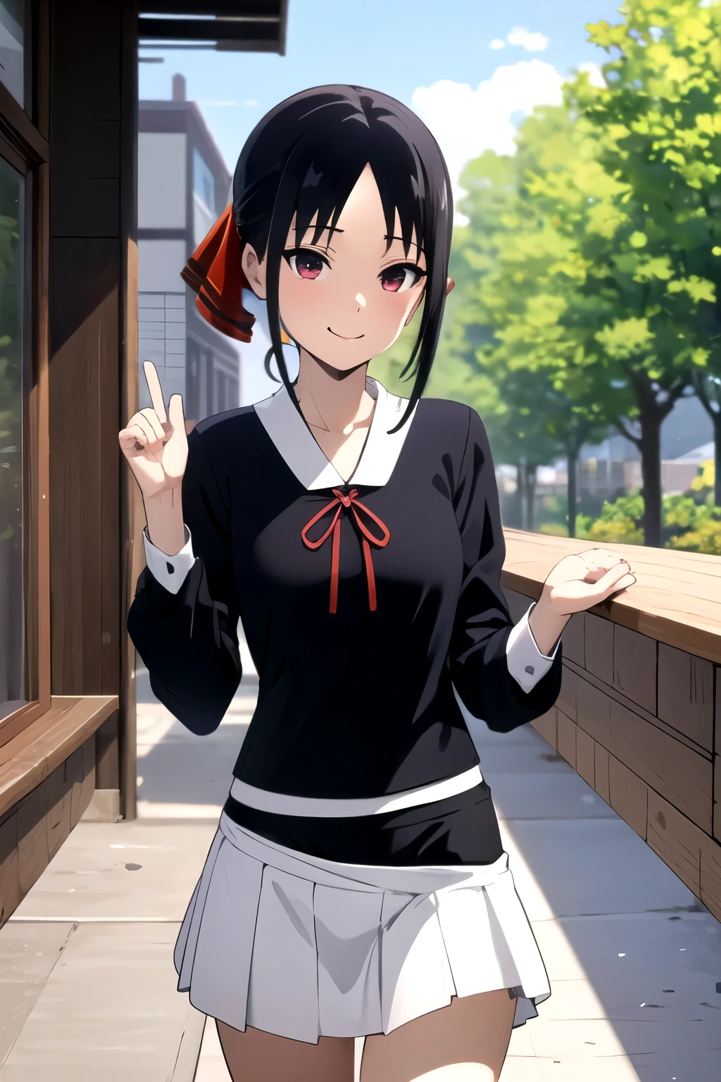 mejor calidad, (obra maestra:1.2), detallado, shinomiya kaguya, 1 chica, solo, boca cerrada, sonrisa ligera, pelo negro, ojos rojos, cabello corto, cola de caballo doblada, Cinta para el pelo, vestido negro, mangas largas, Red ribbon, mirando al espectador, aula, media desnuda, Pulling up her skirt, que se vea su vagina, vagina perfecta, acostada en una mesa.