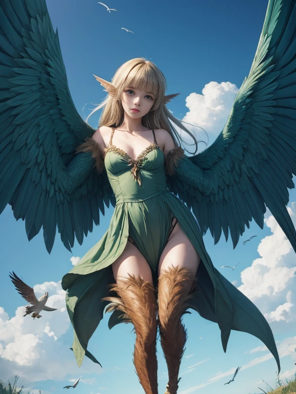 (masterpiece, best quality:1.2), solo, 1 girl, harpy, monster girl, expressionless, closed mouth, winged arms, bird legs, flying in the sky background