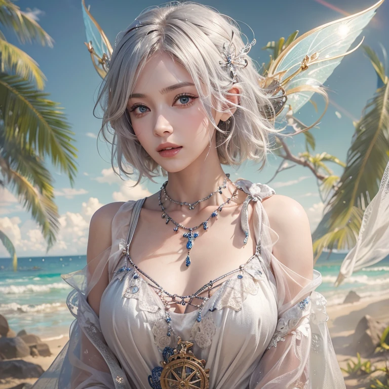(masterpiece:1.3), (8k, Photorealistic, Raw photo, Best image quality: 1.4), Fair-skinned fairy woman、Long Haircut、Cleavage:2.0、Super detailed face、Attention to detail、double eyelid、Put your chest together、Sharp focus:1.2、Beautiful woman:1.4、Silvery white hair、highest quality、masterpiece、超A high resolution、(Photorealistic:1.4)、Highly detailed and professionally lit smile、Loose, light, steampunk、Shoulder out、thin、Serious expression、Short-haired、Deadly position, one person、whole body,walking the beach、Gorgeous necklace、