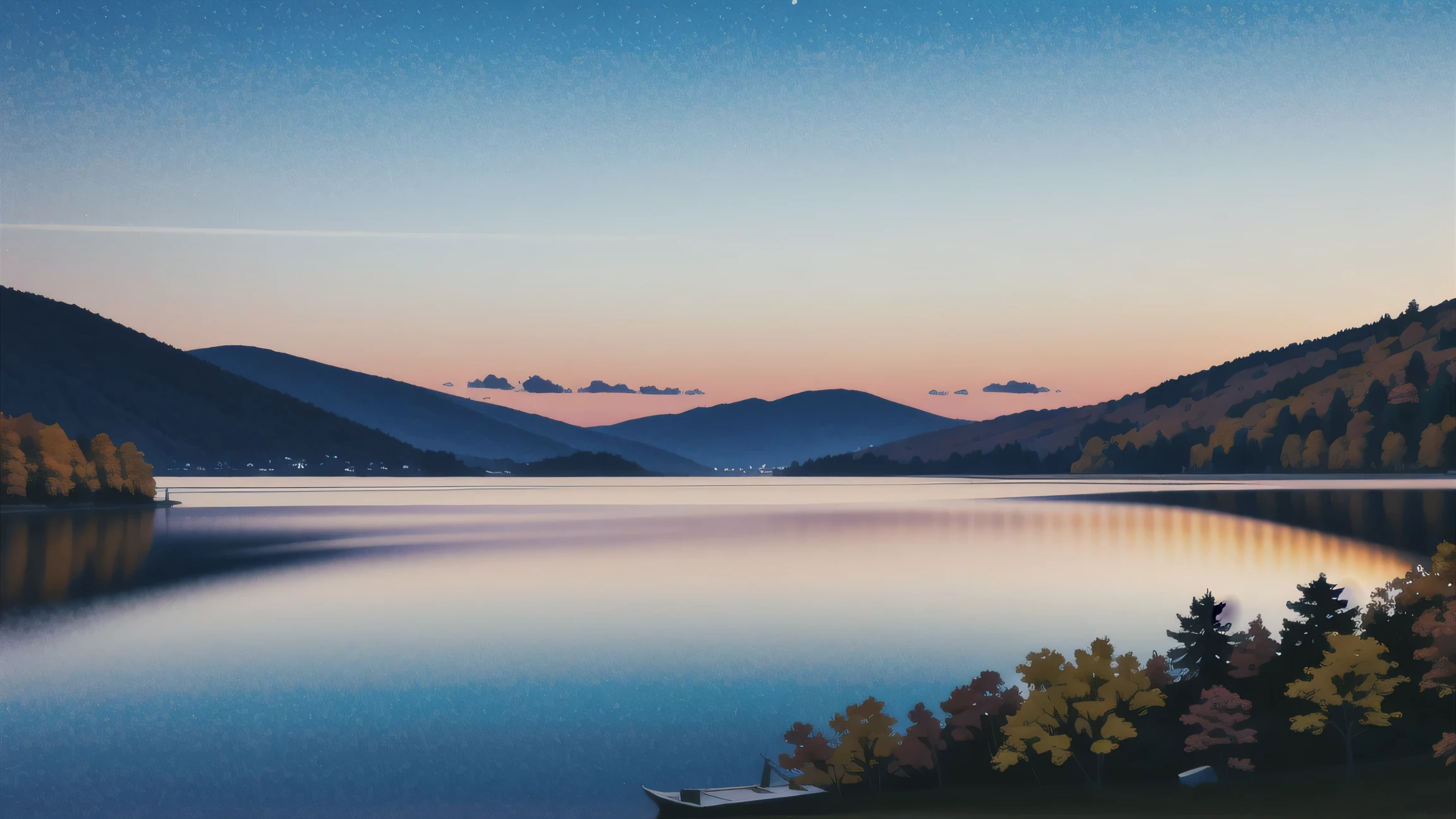 boats on the shore of a mountain lake, autumn calm, sunset, beautiful lake, warm and beautiful scene, Magnificent natural scenery, Stunning colors, Colorful and whimsical landscape, beautiful nature, epic beautiful landscapes, hyper-realistic landscape, photorealistic, 4k