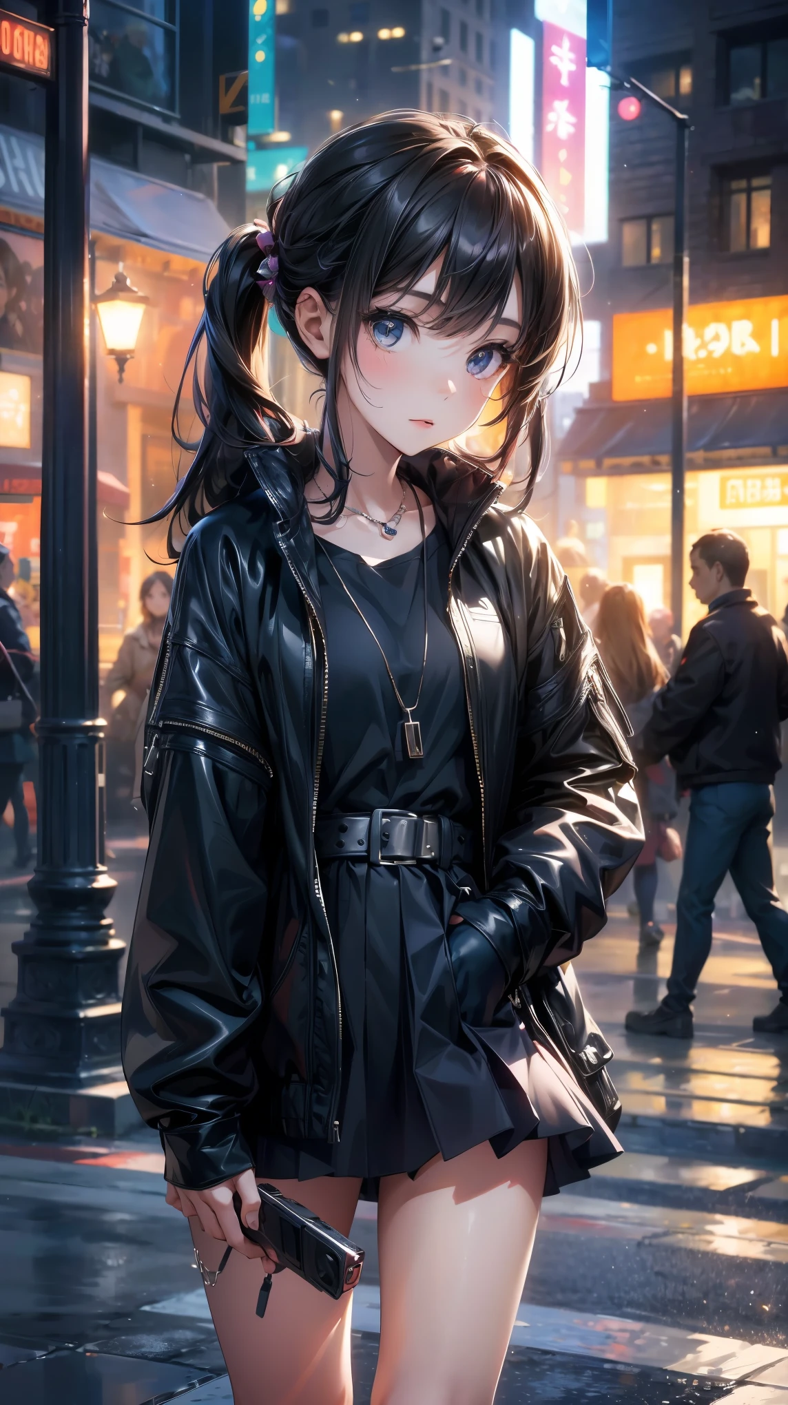 1 girl, best quality, masterpiece, high resolution, [purple|Fragments|green] _hair, Black mini skirt, hair accessory, necklace, Jewelry, Pretty Face, Expectations, Full body view, Practical, outdoor, Modern Plaza, Two-color lighting, (High Detail Skin: 1.2), 8K UHD, DSLR camera, Soft Light, high quality, Volumetric Light, frank, photo, high resolution, 4k, 8K, Background blur