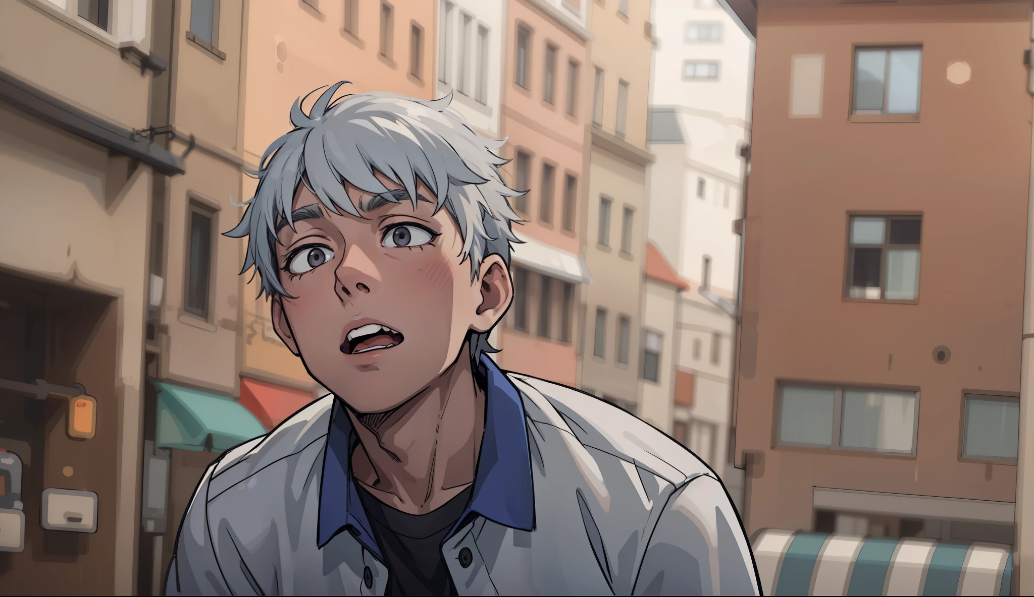 estilo comic anime 2d, 17 year old boy looks up he is exhausted from running and he is afraid he sees someone he looks up gray eyes gray hair