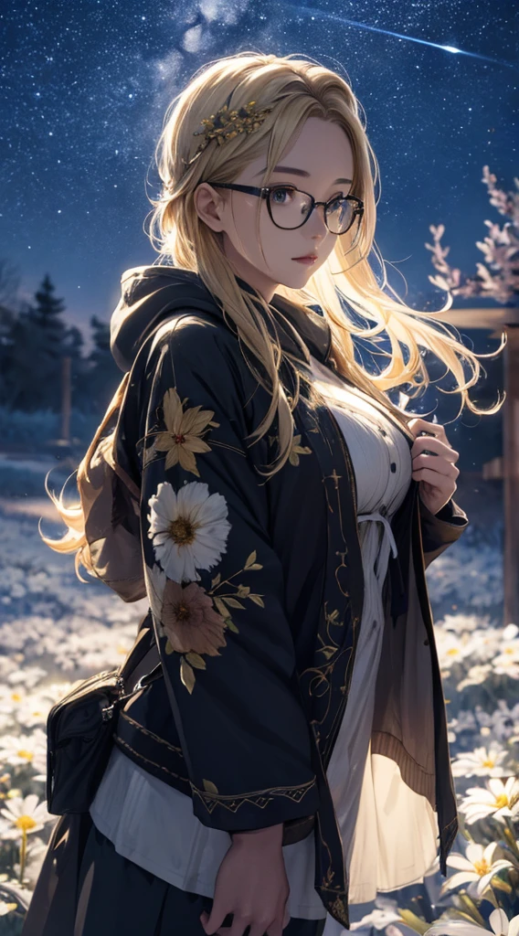 masterpiece, high quality, 4K, Beautiful design, silhouette，blonde， 非常に詳細な夜のStarry Sky,Flower Field， wonderful, Finer details,  Very knowledgeable woman, Highly detailed solo, 1 female,Beautiful Eyes，I like rumors，Big Breasts，Hooded parka，Glasseini skirt，Night view，Starry Sky，full moon，