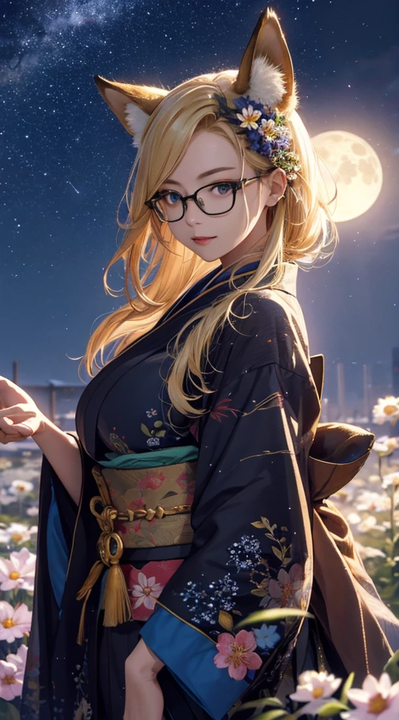 masterpiece, high quality, 4K, Beautiful design, silhouette，blonde， 非常に詳細な夜のStarry Sky,Flower Field， wonderful, Finer details,  Very knowledgeable woman, Highly detailed solo, 1 female,Beautiful Eyes，Glasses pose，Fox mask template，I like rumors，Big Breasts，kimono，Night view，Starry Sky，full moon，