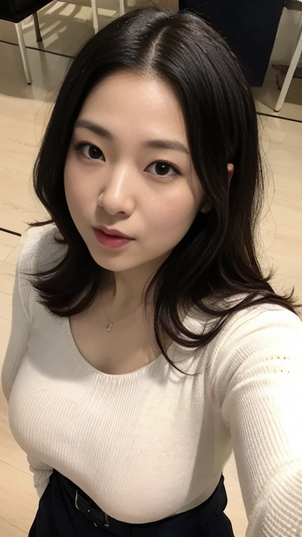 highest quality,masterpiece,Ultra-high resolution,(Realistic:1.4),Beautiful lighting, (Highly detailed CG Unity 8k wallpaper), Beautiful face in every detail,Detailed clothing, 50mm portrait photography, No background、One Girl,Big black eyes, cute, young, stop temporarily, Facial Lighting, Physically Based Rendering,Written boundary depth , Black Hair, ,(Serious face), ((Take from above)), (Please open your mouth wide),Japanese women、20-year-old、White knit sweater、(Big Breasts)、(Upper Body)、Young and beautiful woman taking a selfie, Shoot yourself