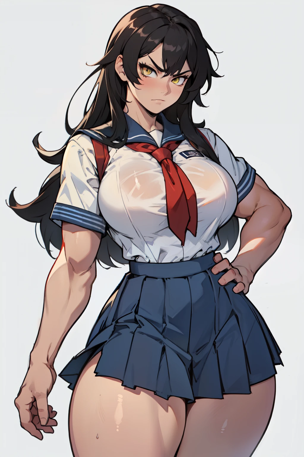 grey background 1girl black hair yellow eyes very long hair pale skin angry (bodybuilder huge breasts muscular toned body curvy wide hips thick thighs) (((school uniform))) (((school uniform))) (((school uniform))) (((school uniform)))