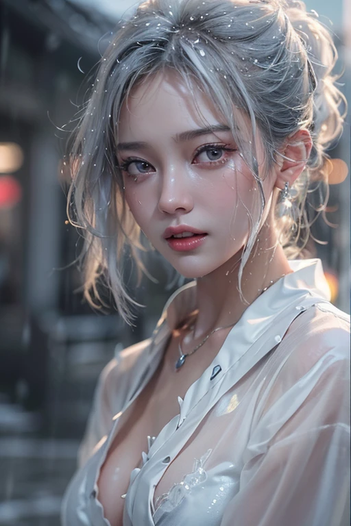 (masterpiece:1.3), (8k, Photorealisticistic, RAW Photos, Best image quality: 1.4), Fair skinの妖精の女性、Long Hair、Cleavage:2.0、Highly detailed face、Attention to detail、double eyelid、Chest to chest、Sharp focus:1.2、Beautiful woman:1.4、Silvery white hair、highest quality、masterpiece、超A high resolution、(Photorealisticistic:1.4)、Highly detailed and professionally lit smiles、Loose, Light, Shoulders out、thin、Serious expression、Short-haired、Deadly position, Gorgeous Accessories, one person (RAW shooting, Photorealistic:1.5, 8k, highest quality, masterpiece, Ultra-high resolution), (((heavy snow))), Perfect dynamic composition:1.2, (Modern city night urban building front, Expressions of sadness:0.9, Tears flow:0.9, Crying with a broken heart:0.9), Highly detailed skin and facial textures:1.2, Slim office lady wet with rain:1.3, Fair skin:1.2, Sexy beauty:1.1, Perfect Style:1.2, beautifully、aesthetic:1.1, Very beautiful face:1.2, Water droplets on the skin, (Rain dripping down on my body:1.2, Wet body:1.2, Wet Hair:1.3), (Holding a bloody knife:1.2, How to wear a wet white blouse correctly:1.35), (Mid-chest, Bra is sheer, Chest gap), (Beautiful erotic eyes:1.0), (Too erotic:0.9, Fascinating:0.9), necklace, Earrings, bracelet