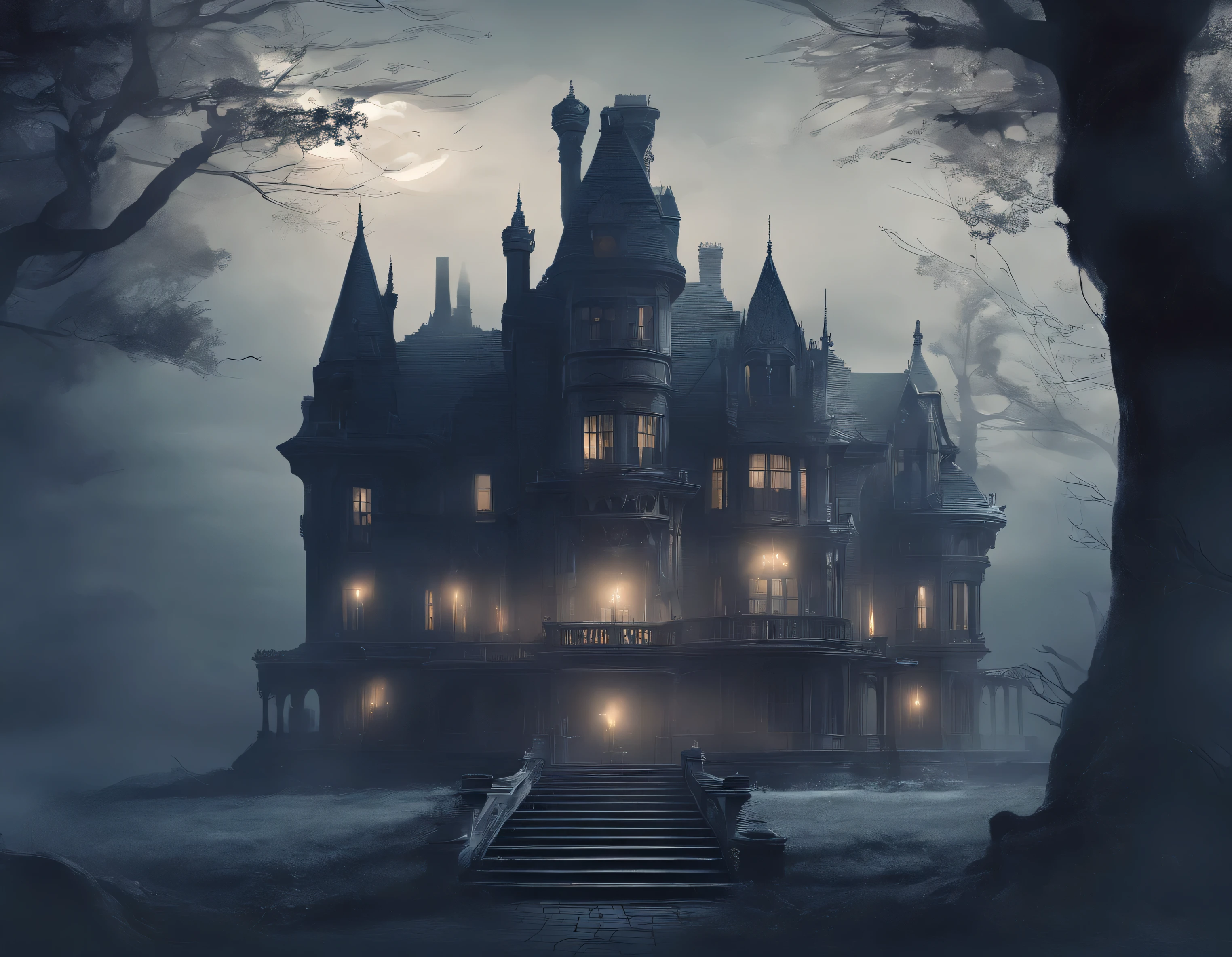 A grand, gothic mansion surrounded by a foggy, moonlit landscape, with an air of mystery and supernatural presence.