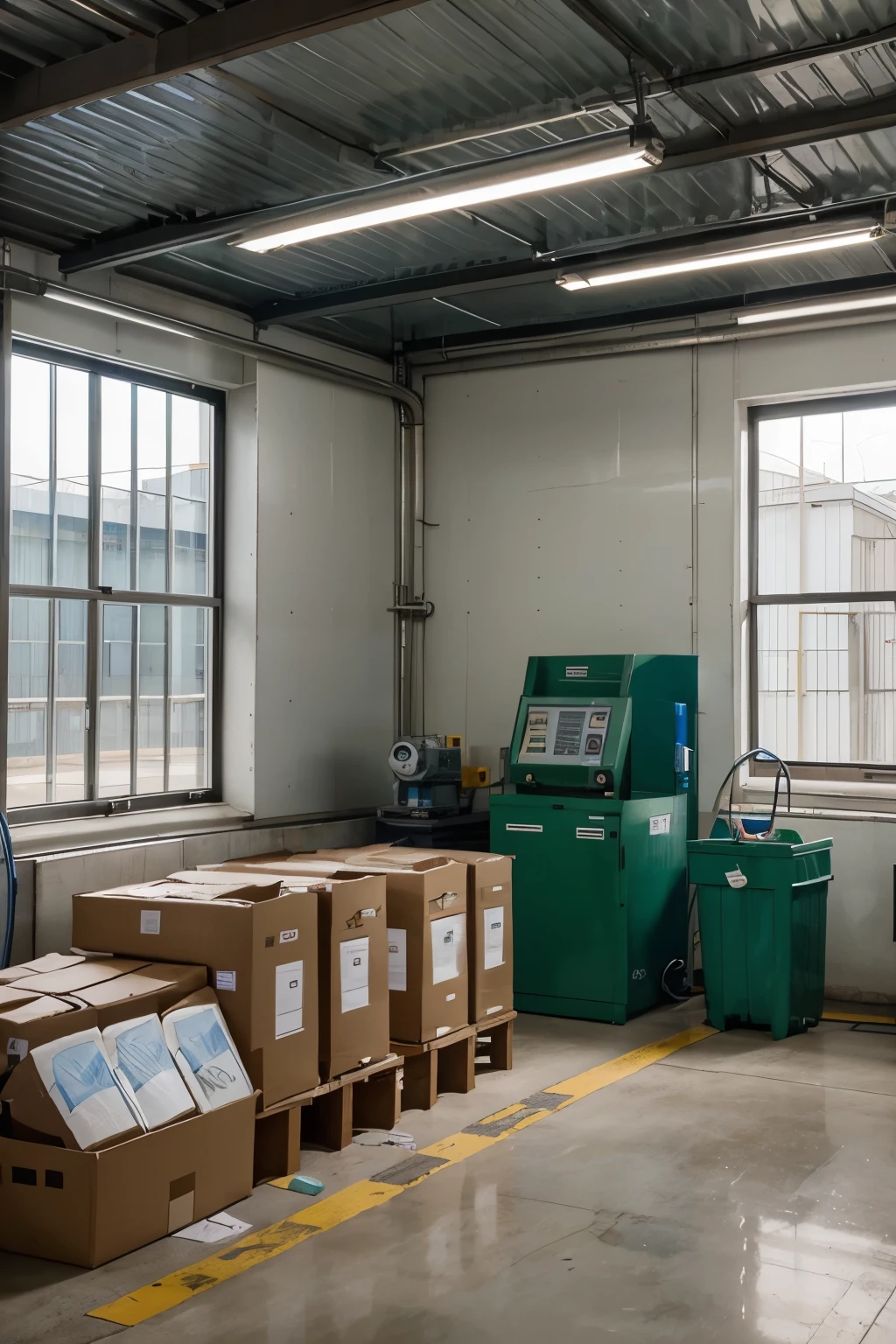 Create an image of a modern, clean Danfer Pack factory, highlighting its sustainability initiatives in packaging production. Show a vacuum forming machine in operation, using ecological materials such as biodegradable or recycled plastics. Ao redor, inclua exemplos de embalagens acabadas que evidenciem sustentabilidade, such as labels indicating recyclable materials and eco-friendly symbols. O ambiente deve ser bem iluminado, com luz branca uniforme, pisos claros e paredes limpas. Add details like digital control screens on the machine, solar panels on the factory roof visible through a window, and organized recycling areas. Include adequate safety signage and highlight sustainable practices, such as employees monitoring recycling processes and efficient energy use