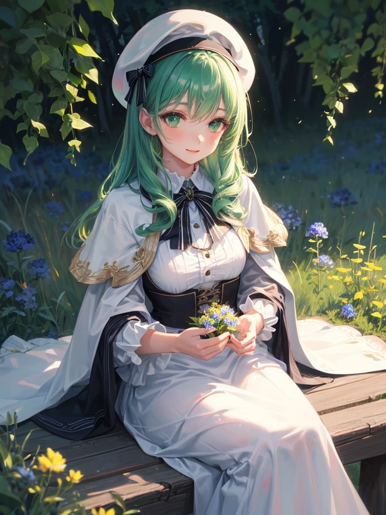 art：Cornflower,(masterpiece),(highest quality:1.2),(Perfect Anatomy),Exquisite detail,A girl wearing a white beret,Delicately painted face,Sitting in a meadow with green plants and white flowers,1 girl with long green hair,Beautiful and detailed green eyes,Capture the light,Cinematic lighting,Beautiful illustrations,An atmosphere filled with happiness and laughter,Creates a dreamy and fantastical atmosphere,Elegant colors,Bokeh,Soft Light