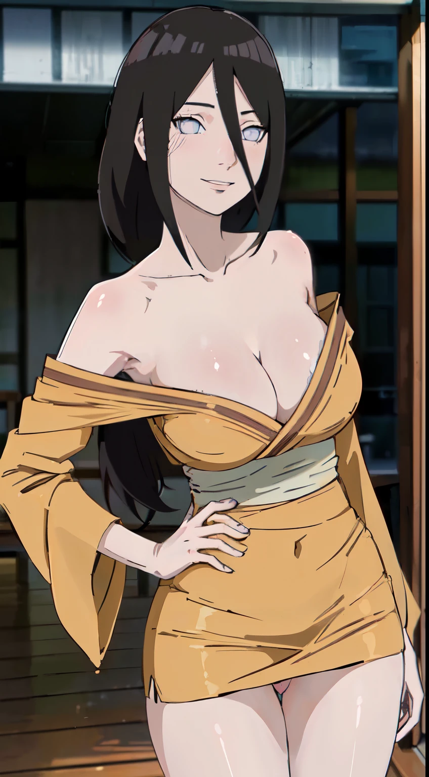 ((((masterpiece, best quality, high resolution)))), 1girl, average ???????, blush, light smile, parted lips, glow, thighs, ???? shoulders, collarbone, narrow waist, cleavage, (masterpiece), (beautiful detailed face, beautiful detailed eyes), (anabi\(boruto\)