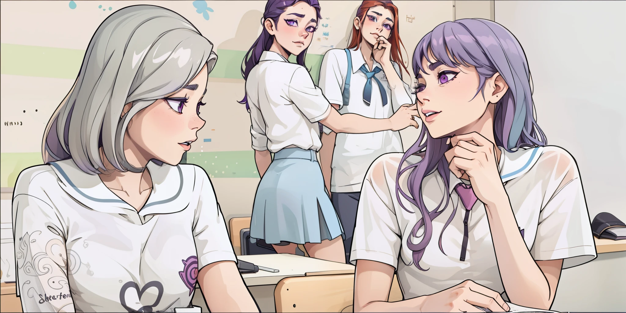 There are two 16 year old women with purple hair.., ojos morados, They are in the classroom, hablan de manera odiosa, ellos son crueles.