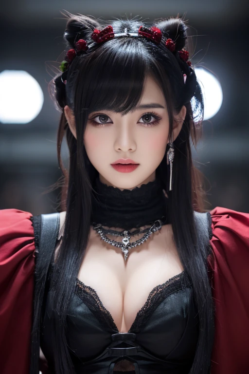 highest quality、8k、masterpiece:1.3、Gothic Punk、The inside color is red、Gray Black Hair、hair ornaments、Beautiful girl、creative、Dark Fantasy Style、Neogoth、Goth Fashion:1.2、High resolution、masterpiece、highest quality、頭w:1.3、((Hasselblad Photos))、Fine skin、Sharp focus、(Cinematic lighting)、Realistic textured hair