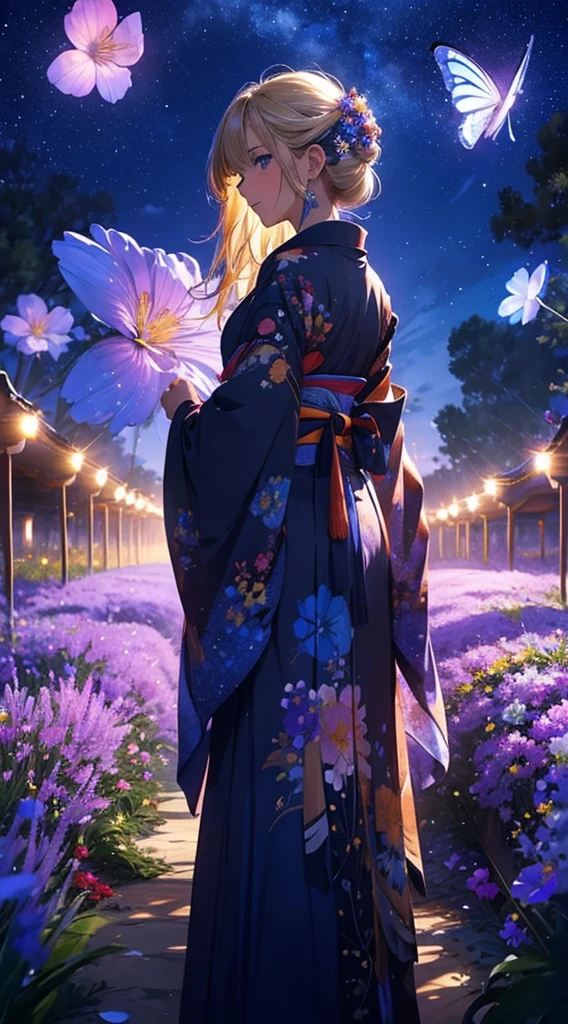 1people々々々,Blonde long-haired woman,Blue kimono, Dress Silhouette, Rear View,Space Sky, Flower Field,Colorful flowers,Fluttering petals,