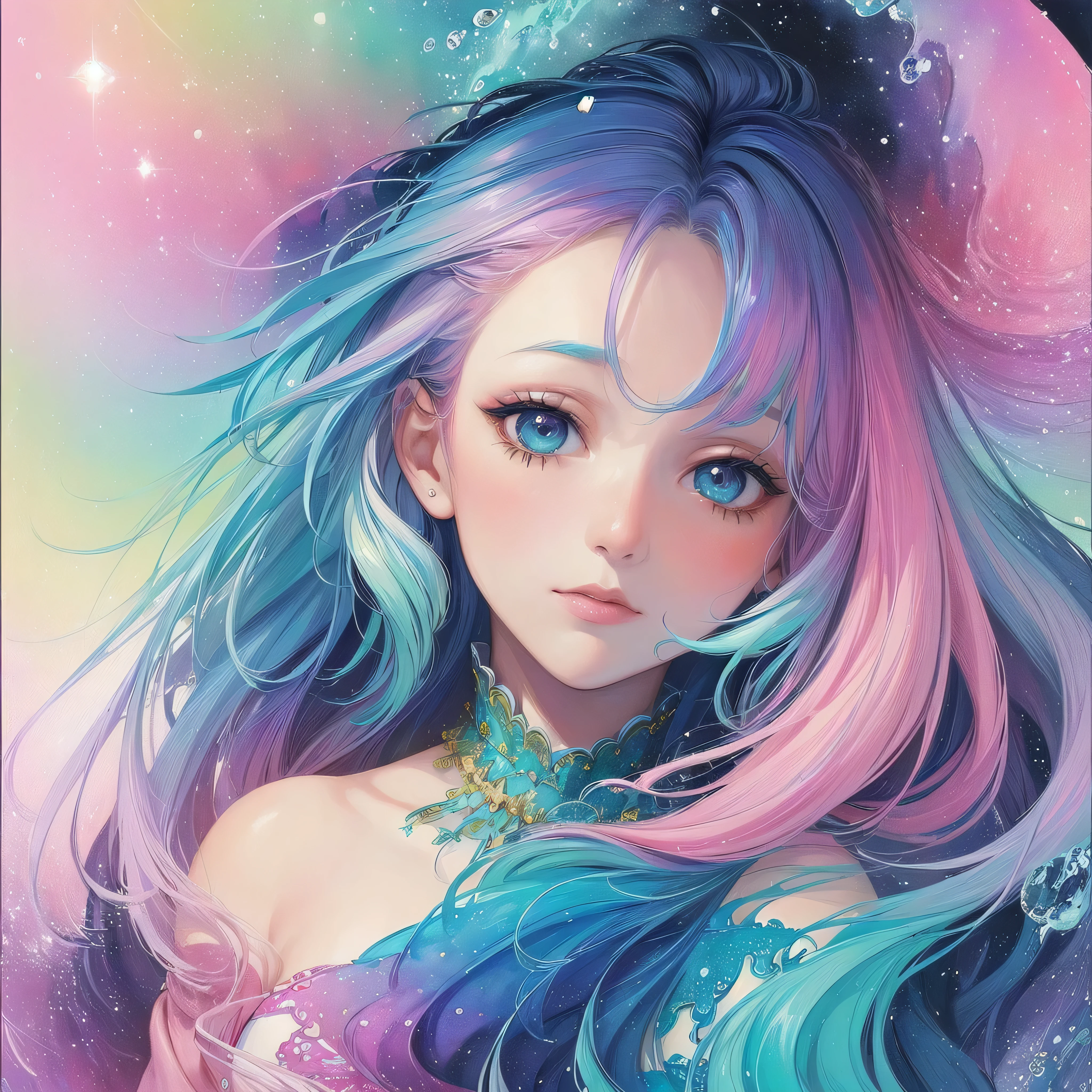 (masterpiece, top quality, best quality,watercolor (medium),official art, beautiful and aesthetic:1.2),(1girl:1.3), (fractal art:1.3),upper body, from side, looking at viewer,patterns,(rainbow color Hair,colorful hair,half blue and half pink hair:1.2),water,liquid, cloud,colorful, starry,stars,