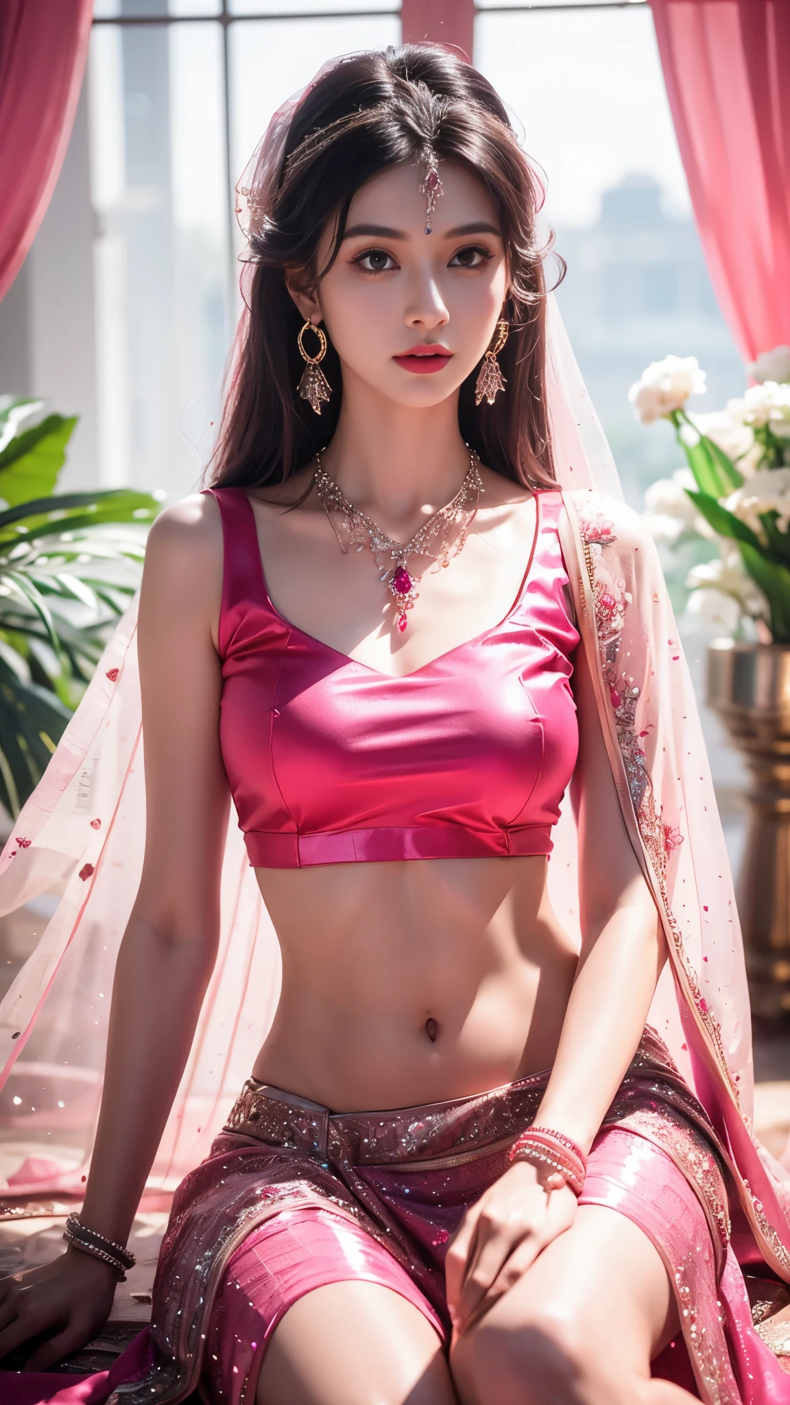 4K, UHD, masterpeice, 1 girl, good face, detailed eyes, detailed lips, very long hair, straight hair, very long hair, beautiful hair, hair ornaments, hairband, gradient hair, ((magenta lehenga)), ((bridal lehenga)), ((decorated blouse)), sardine, ((ornament lehenga)), ((magenta lace)), ((diamond bracelet)), ((pendant)), Pearl, ornaments, necklace, earring, high lighting, ((bare stomach)), ((in the wedding stage)), magenta color, depth of field, ray tracing, ultra realistic detailed, sitting,