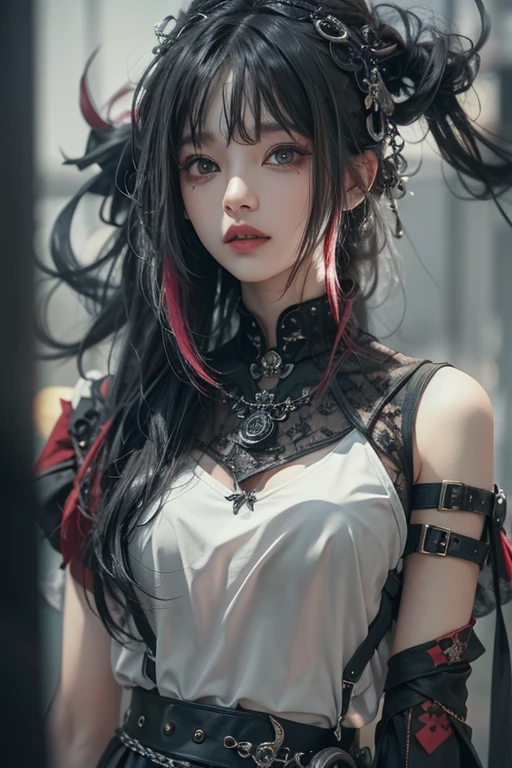 highest quality、8k、masterpiece:1.3、Gothic Punk、The inside color is red、Gray Black Hair、hair ornaments、Beautiful girl、creative、Dark Fantasy Style、Neogoth、Goth Fashion:1.2、High resolution、masterpiece、highest quality、頭w:1.3、((Hasselblad Photos))、Fine skin、Sharp focus、(Cinematic lighting)、Realistic textured hair
