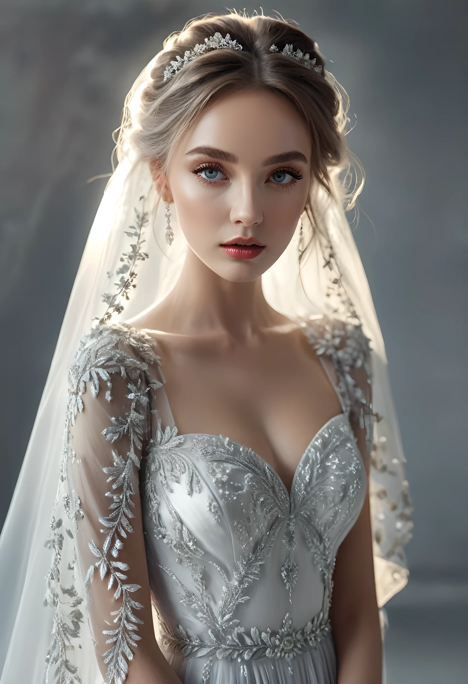 1 girl in a long wedding dress, high fashion, fashion photography, angelic, Mihailkats style, white and soft grey colors, dreamy mood, photorealistic, (best quality, 4k, 8k, highres, masterpiece:1.2), ultra-detailed, (realistic, photorealistic, photo-realistic:1.37), detailed eyes, detailed lips, extremely detailed face, long eyelashes, elegant pose, flowing dress, ethereal lighting, soft focus, editorial style