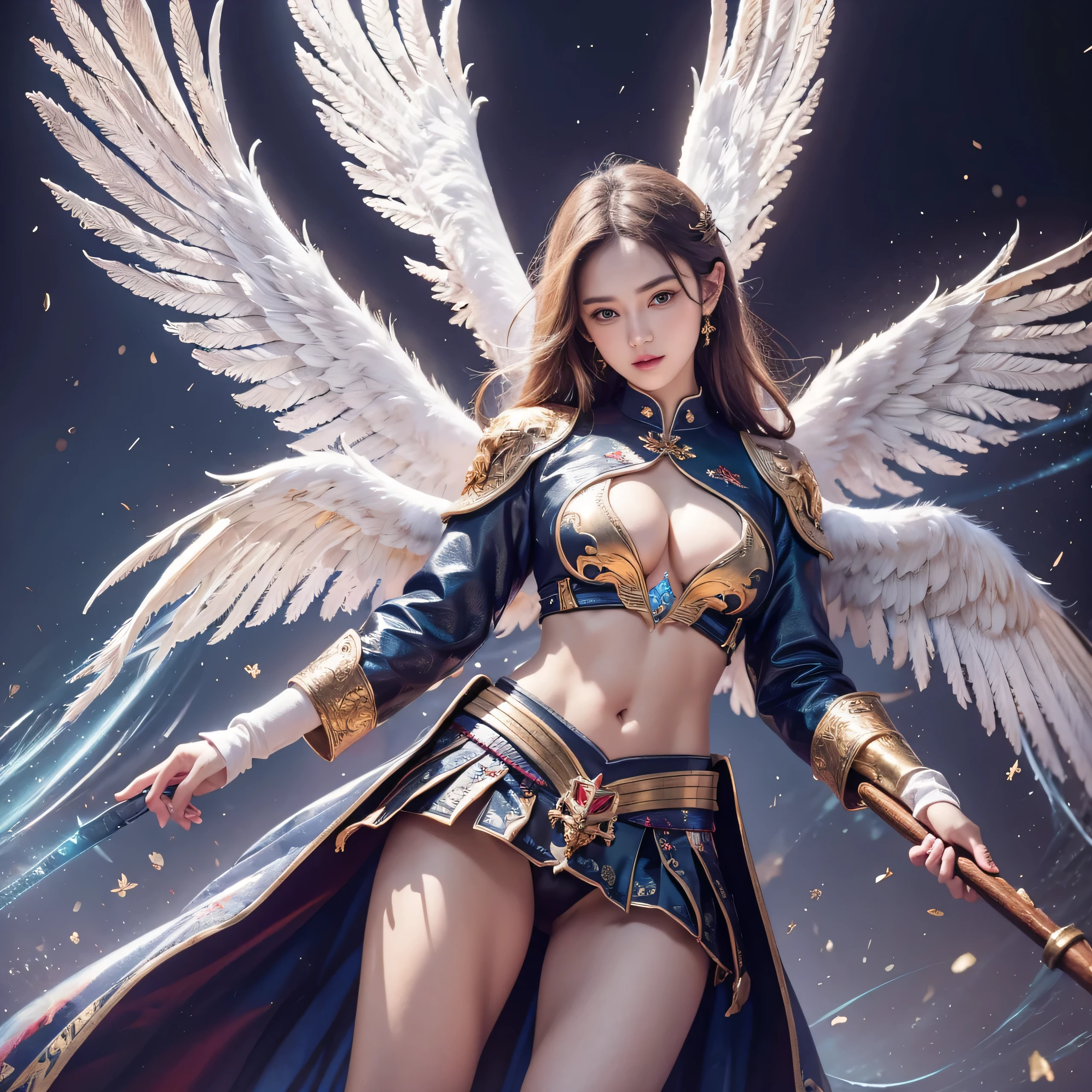 a girl, 4 arms, 4 wings, nimbus, angelic appearance, priest, magic priest's staff, leather armor, sacred symbol, best quality, 4k, 8k, highres, masterpiece:1.2, ultra-detailed, realistic, photorealistic, photo-realistic:1.37, HDR, UHD, studio lighting, ultra-fine painting, sharp focus, physically-based rendering, extreme detail description, professional, vivid colors, bokeh, fantasy, digital art