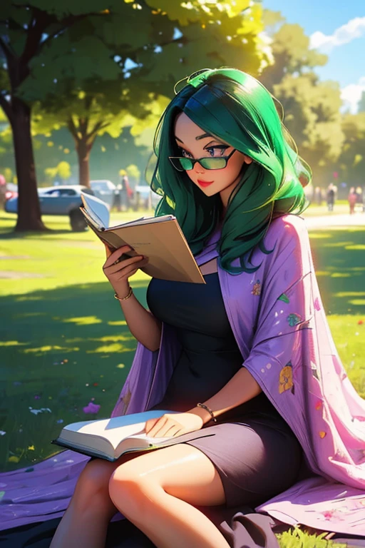 A green haired woman with violet eyes and glasses with an hourglass figure in a summer dress is reading on a blanket at the park