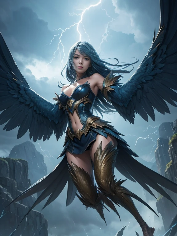 (masterpiece, best quality:1.2), solo, 1 girl, harpy, monster girl, expressionless thunder girl, closed mouth, winged arms, bird legs, flying in the sky background, thunder storm, thunder power, lightning power