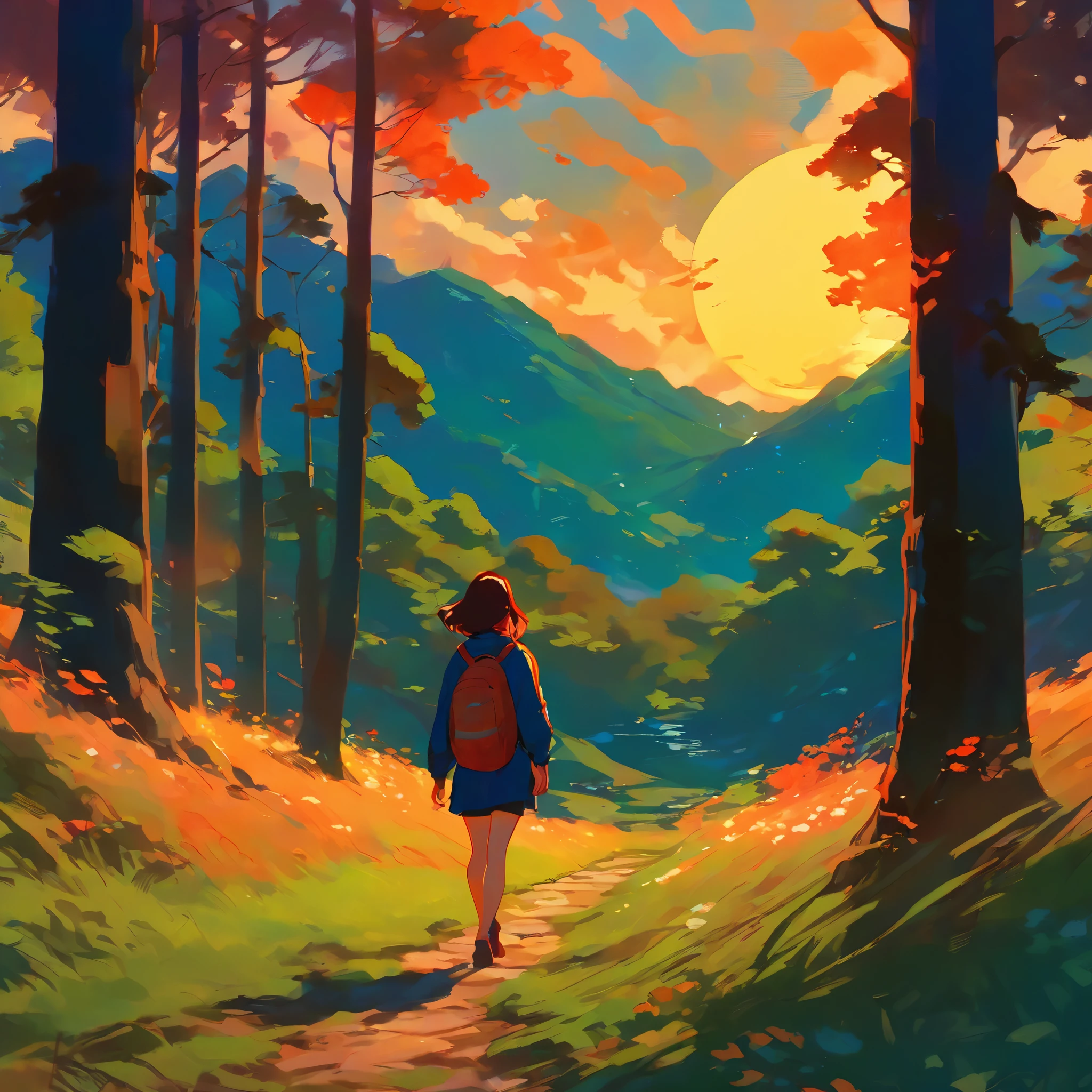painting of a woman walking in the forest at sunset, anime art wallpaper 8 k, anime art wallpaper 4 k, anime art wallpaper 4k, rhads and lois van baarle, anime girl walking, concept art | rhads, ilya kuvshinov landscape, ross tran. scenic background, by Atey Ghailan, made with anime painter studio