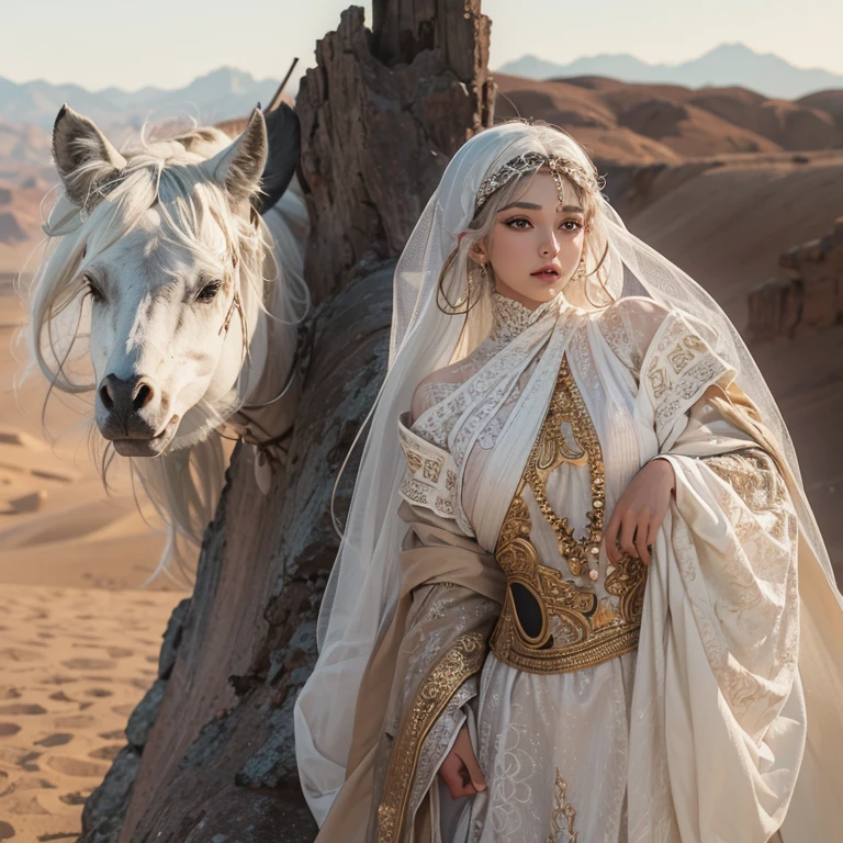 (highest quality、masterpiece、8k、Best image quality、Ultra-high resolution、Award-winning works)、A beautiful white-haired woman watches over us from afar in the desert.., Where the moonlight shines.、Ancient Islamic clothing、Beautiful face drawn in every detail, There&#39;There&#39;There&#39;s a real wolf next to her