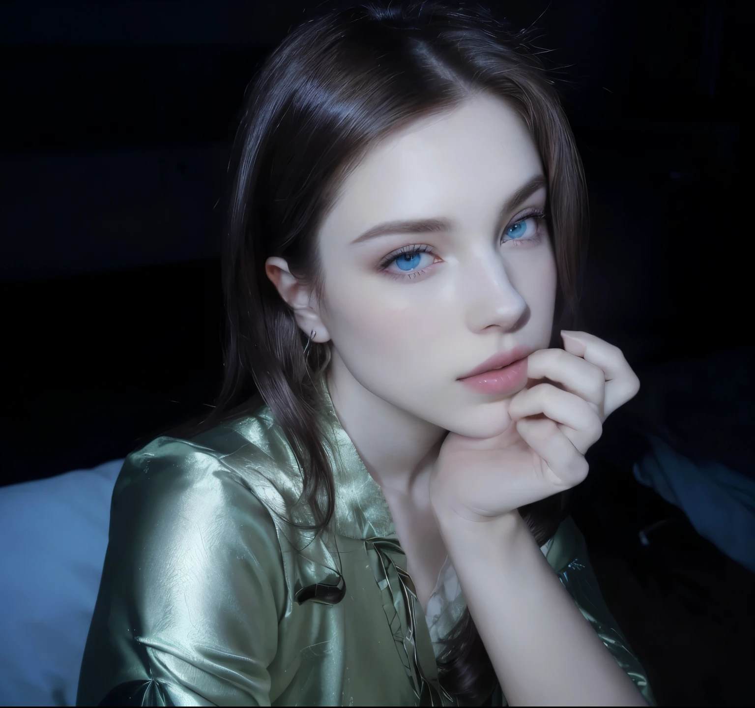 There is a woman who is sitting with her hand on her chin, retrato suave 8 k, inspirado en Elsa Bleda, with pale skin, pale and light skin!!, pale, shiny skin, al estilo de petra collins, pale bluish skin, Con ojos azules, con ojos azules vivos, pale skin and purple eyes, yelena belova, pale and beautiful skin