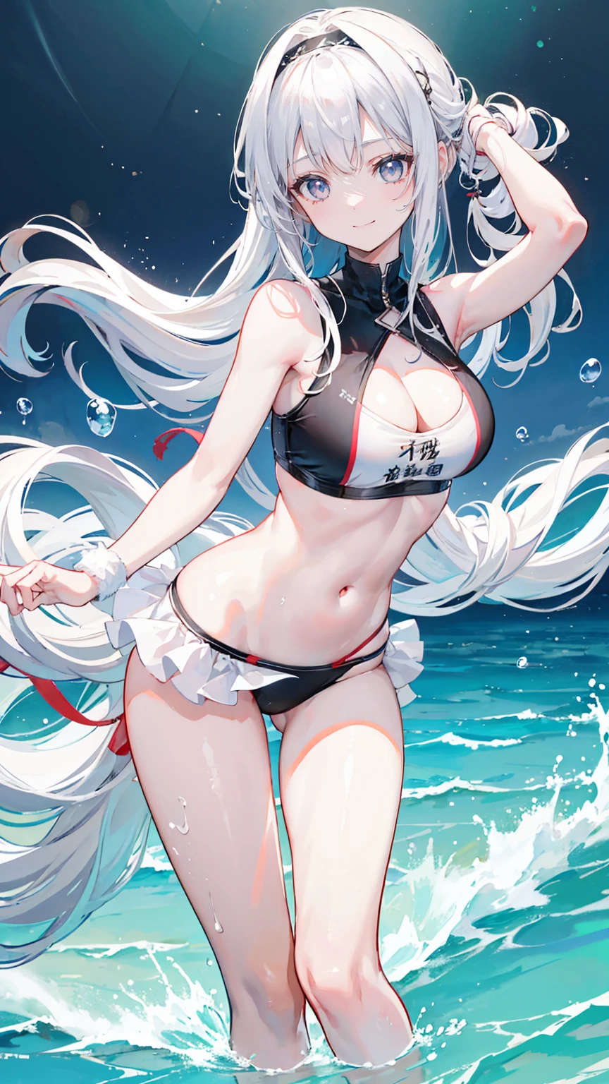 white hair,long hair,Bangs,Bangs整齐,Black headband,Gray eyes,girl,Lovely,Smiling expression,Happy and happy expression,Swimsuit,Navel,Abdominal muscles,Vest line,Standing in the water,whole body,Don't show your arms,The background is the swimming pool
