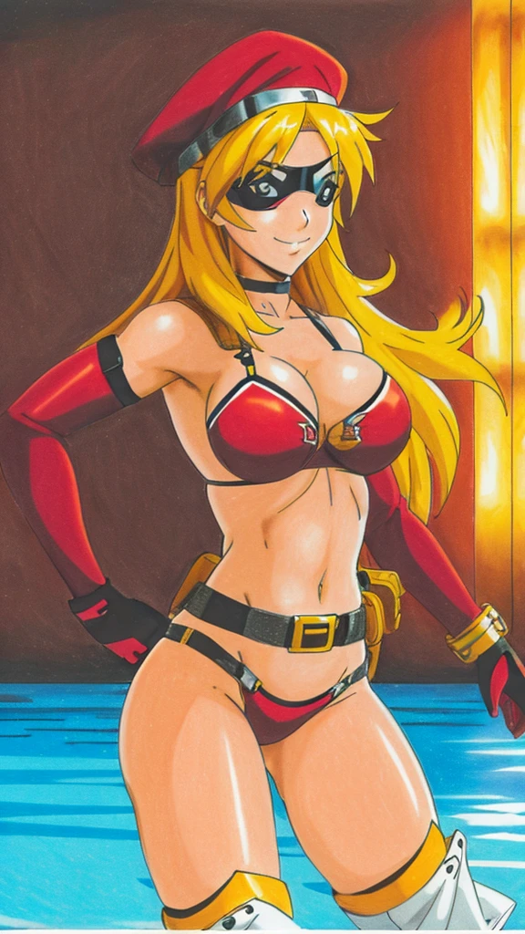 highest quality, (animation illustration), (red border bikini, elbow gloves, boots, heroes belt, eye mask), (yellow hair), looking at the viewer with a smile, I got the crown, (Floating in the air),
Had a fireball