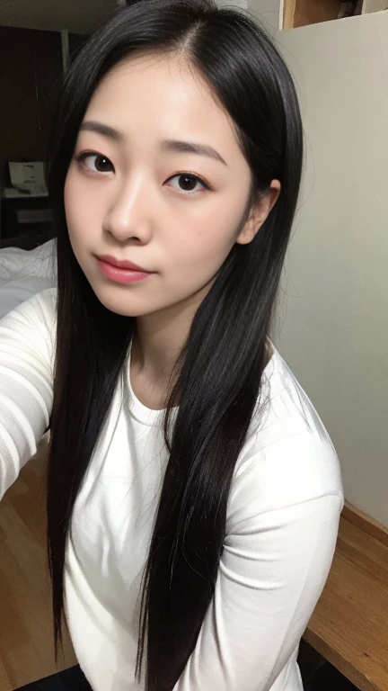 highest quality,masterpiece,Ultra-high resolution,(Realistic:1.4),Beautiful lighting, (Highly detailed CG Unity 8k wallpaper), Beautiful face in every detail,Detailed clothing, 50mm portrait photography, One Girl,Big black eyes, cute, young, Pause, Facial Lighting, Physically Based Rendering,Written boundary depth , Black Hair, Mole under the eye,(Serious face), ((Take from above)), (Please open your mouth wide),Japanese women、20-year-old、White shirt、(Big Breasts),Young and beautiful woman taking a selfie, Taken with iPhone camera