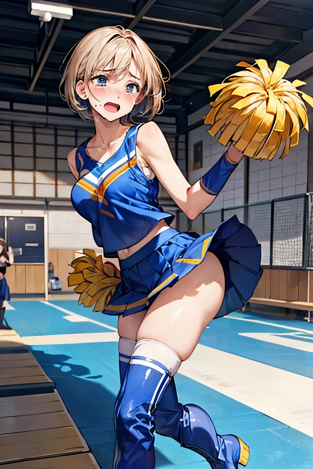 nsfw:1.5,(((Perfect Anatomy, Anatomically correct, Very detailedな肌))), 1 girl, Japanese, high School girl, Shiny skin, Observe the audience, ((Back view, From below)), Beautiful Hair, Beautiful Face, Beautiful details, (short hair:1.1, Bobcut:1.2), Dark blonde hair:1, blue eyes, Baby Face, Mole under the eye, Beautiful clavicle, Beautiful body, Beautiful breasts, Big Breasts:0.5, Beautiful thighs, Beautiful legs, Camel Toe, (((Blue Sleeveless Cheerleader:1.2))), ((Thigh-high boots)), Removable sleeve, Captivating thighs, ((Embarrassing, Scared, sad, tears, cry, Half-open mouth)), Are standing, (((Leaning forward), Take off, Raise one leg, The skirt is rolling up、Strong winds)), (Beautiful views), summer, School, locker room, 8k, highest quality, Masterpiece:1.2, Very detailed), (Realistic), Beautiful illustrations, Natural light, whole body,