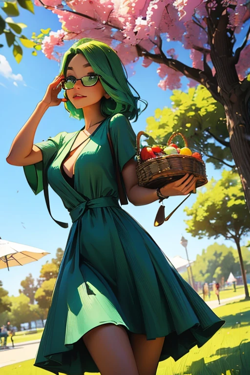 A green haired woman with violet eyes and glasses with an hourglass figure in a summer dress is picnicking underneath a tree at the park