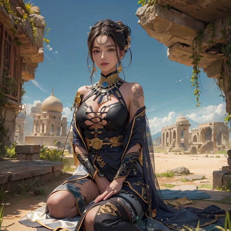 Hiding in the desert、Hair flow、 ((highest quality、masterpiece、8k、Best image quality、Ultra-high resolution、Award-winning works)、(Accurate anatomy:1.1)、(Look at me and smile:1.1)、Shining fair skin with Ultra-high resolution、The most detailed face、Ultra-high resolution detailed face、Ultra-high resolutionの髪の毛、(Ultra-high resolutionの煌めく瞳:1.1)、Beautiful face drawn in every detail、(Blurred Background:1.1)、Ancient Islamic clothing, Chest to chest, tattoo, Old ruins in the background、Sitting black panther