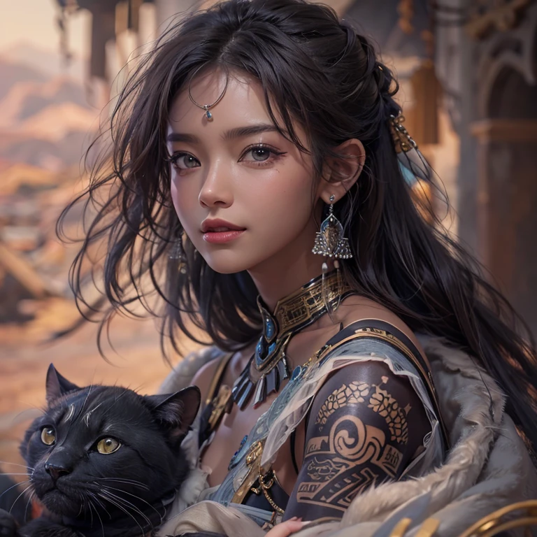 Hiding in the desert、Hair Flow、 ((Highest quality、masterpiece、8k、Best image quality、Ultra-high resolution、Award-winning works)、(Accurate anatomy:1.1)、(Look at me and smile:1.1)、Shining fair skin with Ultra-high resolution、The most detailed face、Ultra-high resolution detailed face、Ultra-high resolutionの髪の毛、(Ultra-high resolutionの煌めく瞳:1.1)、Beautiful face drawn in every detail、(Blurred Background:1.1)、Ancient Islamic clothing, Chest to chest, tattoo, Old ruins in the background、Apart from Black Panther