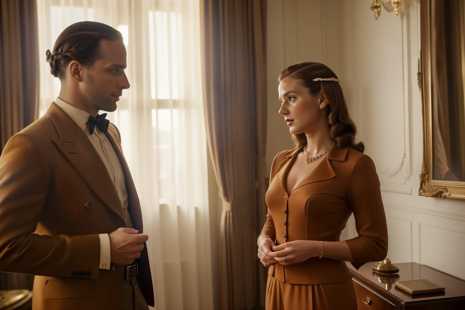 Lisbon, 1941. A young ((((39-year-old)) Marcus Logan)), pale englishman, tall, standing in a luxurious room, talking to his ((girlfriend)) Sira Quiroga, ((intimate, romantic)), ((((day clothings from the 1940s)))), ((messy chestnut hairstyle of the 1940s)), ((colorful))