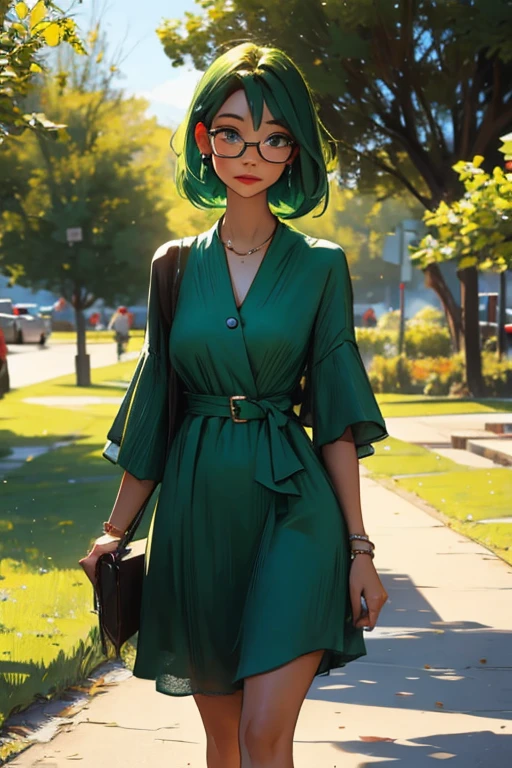 A green haired woman with violet eyes and glasses with an hourglass figure in a summer dress is walking through a park