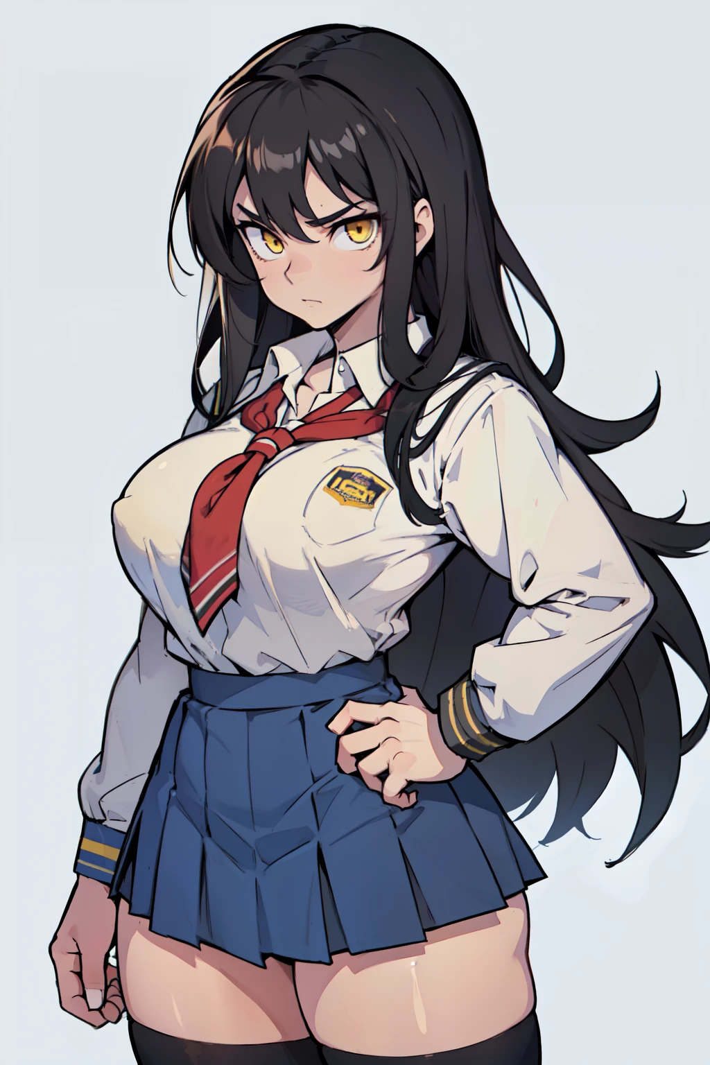 grey background 1girl black hair yellow eyes very long hair pale skin angry (bodybuilder huge breasts muscular toned body curvy wide hips thick thighs) (((school uniform))) (((school uniform))) (((school uniform))) (((school uniform))) (((school uniform))) (((school uniform))) (((school uniform))) (((school uniform)))