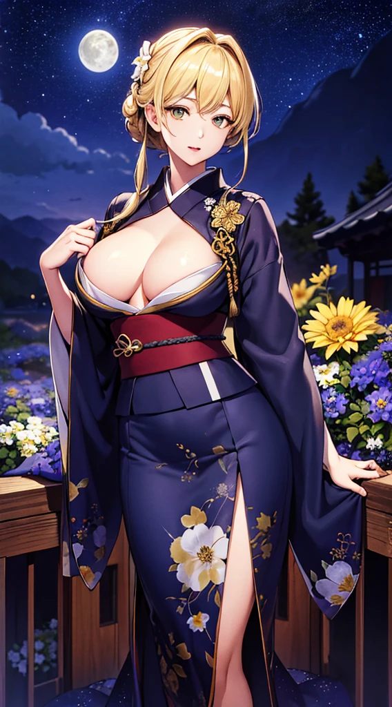 masterpiece, high quality, 4K, Beautiful design, silhouette,blonde, 非常に詳細な夜のStarry Sky,Flower Field, wonderful, Finer details, Very knowledgeable woman, Highly detailed solo, 1 female,Big Breasts,kimono,Night view,Starry Sky,full moon,